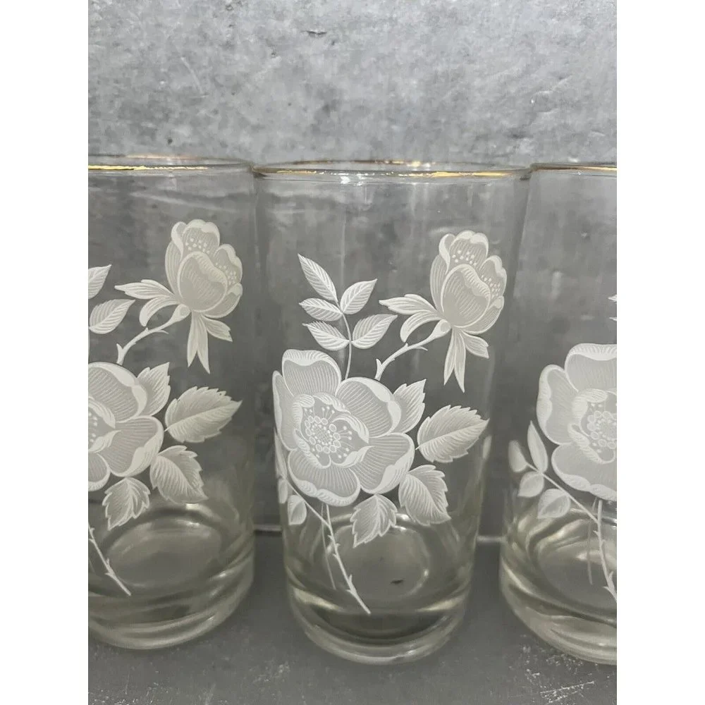 Vintage Wild Rose Floral Juice Glasses Gold Rim Tumblers Set of 5